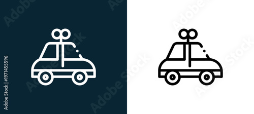 Two-color car toy outline icon pair in black and white, editable stroke vector illustration for web, mobile apps, UI design, branding, and print from children toys
