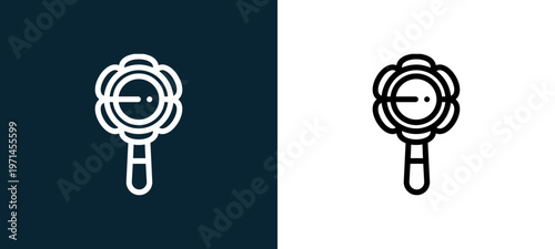 Two-color rattle outline icon pair in black and white, editable stroke vector illustration for web, mobile apps, UI design, branding, and print from children toys