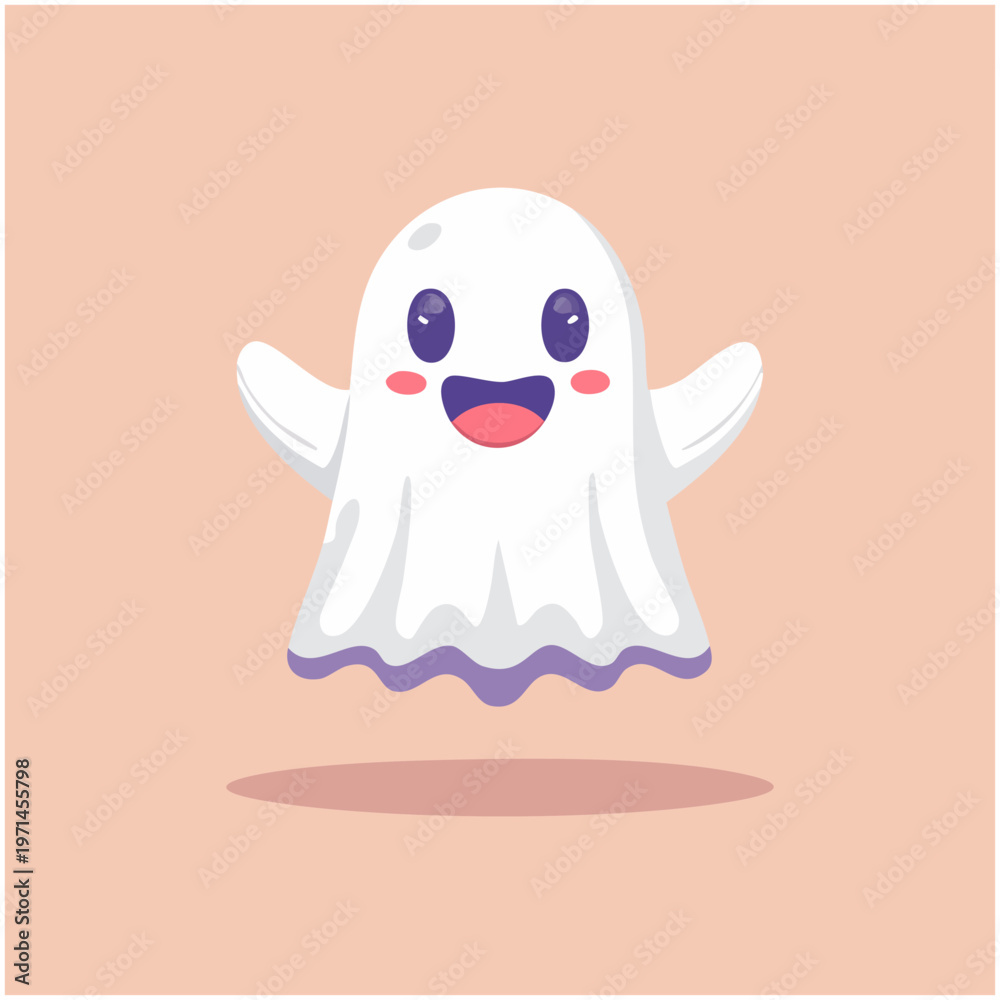 Fototapeta premium Cute Cartoon Ghost Flying Happy - Halloween Character Illustration, Spooky Graphic Design element for Kids Party, Autumn Season Decoration and Trick or Treat Celebration (Vector Art)