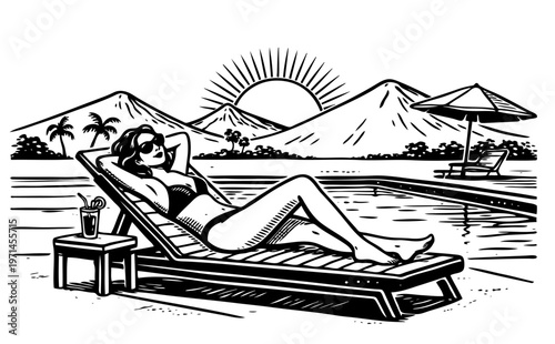 Woman Relaxes by a Shimmering Pool on a Sunny Day, Enjoying a Tropical Vacation With Palm Trees and Mountains in the Distance