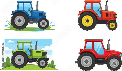 Tractor Collection Vector Illustration Set Featuring Colorful Farm Tractors in Different Styles for Agriculture Farming and Rural Equipment Design Projects