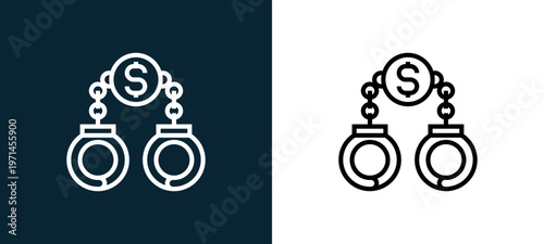 Two-color handcuffs outline icon pair in black and white, editable stroke vector illustration for web, mobile apps, UI design, branding, and print from CORRUPTION ELEMENTS
