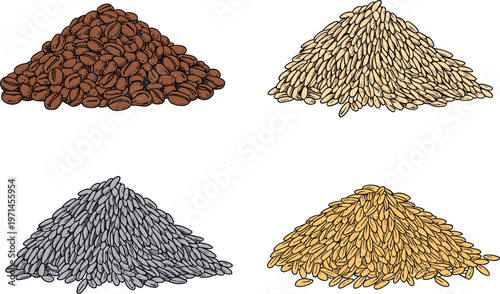 Grain piles set collection, rice wheat seeds vector illustration isolated agriculture food ingredient design