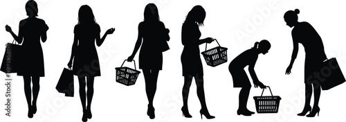  Diverse female shoppers in various poses, carrying bags and baskets, illustrating retail experiences, grocery shopping, and consumer lifestyle, ideal for marketing and e-commerce visuals.