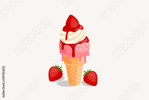 Strawberry Ice Cream Cone with Topping and Fresh Berries Illustration