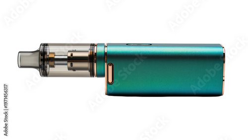 Teal metallic vape pen with clear glass tank and copper accents, isolated on transparent background