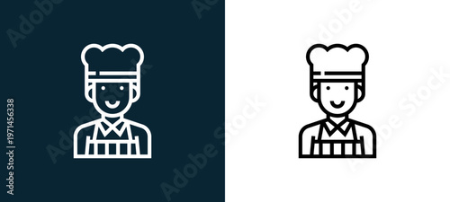 Two-color chef outline icon pair in black and white, editable stroke vector illustration for web, mobile apps, UI design, branding, and print from and grill