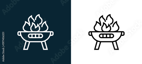 Two-color grill outline icon pair in black and white, editable stroke vector illustration for web, mobile apps, UI design, branding, and print from and grill