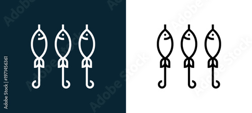 Two-color fish outline icon pair in black and white, editable stroke vector illustration for web, mobile apps, UI design, branding, and print from and grill