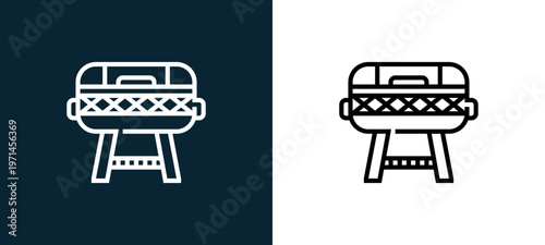Two-color portable grill outline icon pair in black and white, editable stroke vector illustration for web, mobile apps, UI design, branding, and print from and grill
