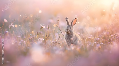 Cute Bunny Adventures: A Playful Cartoon Rabbit with Big Eyes and a Fluffy Tail in a Sunny Meadow