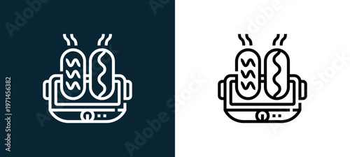 Two-color rotisserie outline icon pair in black and white, editable stroke vector illustration for web, mobile apps, UI design, branding, and print from and grill