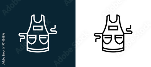 Two-color apron outline icon pair in black and white, editable stroke vector illustration for web, mobile apps, UI design, branding, and print from and grill