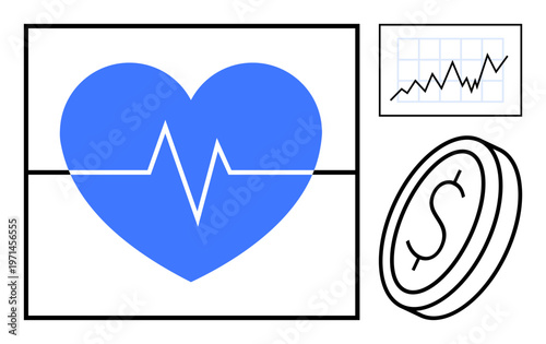Healthcare funding, medical economics, financial growth, budgeting, health industry, investment strategies. A blue heart with pulse line, financial chart and coin. Healthcare funding and medical