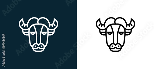 Two-color buffalo outline icon pair in black and white, editable stroke vector illustration for web, mobile apps, UI design, branding, and print from animal head