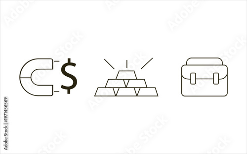 Asset growth and wealth management. Dollar sign, stacked gold bullion bars, and a professional briefcase icons. Flat illustrator vector file. High quality image