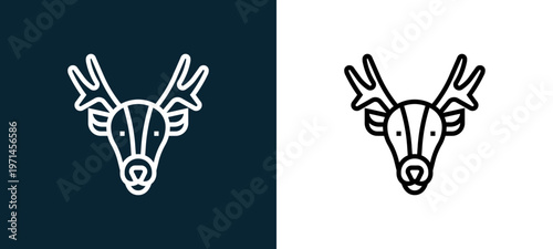 Two-color deer outline icon pair in black and white, editable stroke vector illustration for web, mobile apps, UI design, branding, and print from animal head