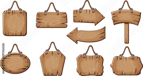 Wooden Signboard Collection Vector Illustration Set Featuring Rustic Hanging Boards Direction Arrows and Blank Wooden Signs for Farm Shop and Vintage Design Projects