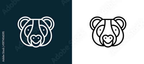 Two-color panda bear outline icon pair in black and white, editable stroke vector illustration for web, mobile apps, UI design, branding, and print from animal head