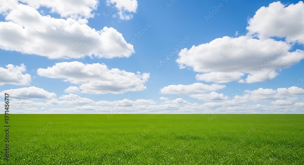 Fototapeta premium A serene expansive landscape showcasing a vast green field under a bright blue sky adorned with fluffy white clouds