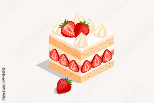 Strawberry Layer Cake Slice with Whipped Cream Frosting