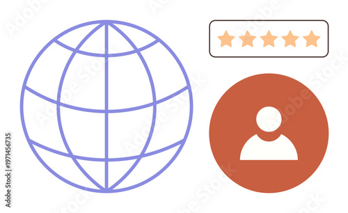 Social networks, user profiles, online feedback, global connectivity, quality reviews, reputation management. Simplistic globe, user icon and five-star rating graphic. Social networks and global