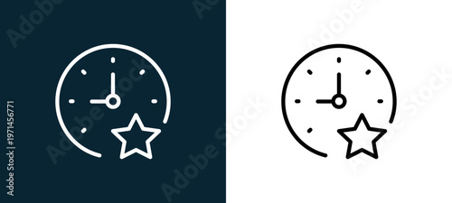 Two-color stopwatch outline icon pair in black and white, editable stroke vector illustration for web, mobile apps, UI design, branding, and print from interaction set