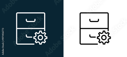 Two-color archive outline icon pair in black and white, editable stroke vector illustration for web, mobile apps, UI design, branding, and print from interaction set