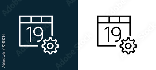 Two-color calendar outline icon pair in black and white, editable stroke vector illustration for web, mobile apps, UI design, branding, and print from interaction set
