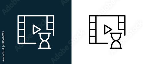 Two-color video player outline icon pair in black and white, editable stroke vector illustration for web, mobile apps, UI design, branding, and print from interaction set