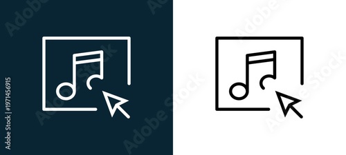 Two-color music player outline icon pair in black and white, editable stroke vector illustration for web, mobile apps, UI design, branding, and print from interaction set