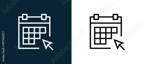 Two-color calendar outline icon pair in black and white, editable stroke vector illustration for web, mobile apps, UI design, branding, and print from interaction set