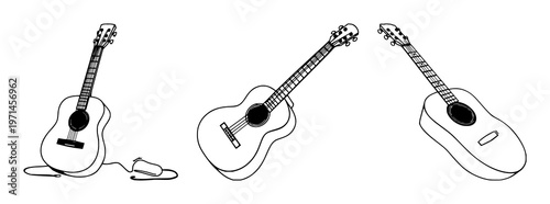 Acoustic guitar set with elegant black line art representation featuring musical instrument, line drawing, guitar illustration with string and fretboard and rhythm