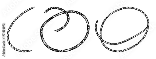 Lasso rope set with a curved loop and loose ends featuring western, cowboy, wild west with cordage and knot