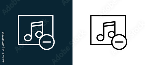 Two-color music player outline icon pair in black and white, editable stroke vector illustration for web, mobile apps, UI design, branding, and print from interaction set