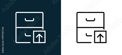 Two-color archive outline icon pair in black and white, editable stroke vector illustration for web, mobile apps, UI design, branding, and print from interaction set