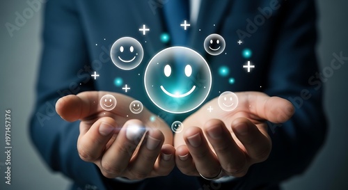 Hands Holding Digital Smiley Faces With Positive Symbols Floating Above