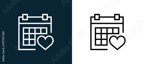 Two-color calendar outline icon pair in black and white, editable stroke vector illustration for web, mobile apps, UI design, branding, and print from interaction set