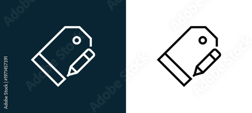 Two-color price tag outline icon pair in black and white, editable stroke vector illustration for web, mobile apps, UI design, branding, and print from interaction set