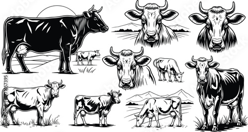 Hand-Drawn Cow Illustration Set Featuring Grazing, Standing, and Close-Up Cow Portraits for Farm, Agriculture, and Rural Designs