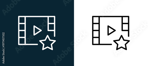 Two-color video player outline icon pair in black and white, editable stroke vector illustration for web, mobile apps, UI design, branding, and print from interaction set
