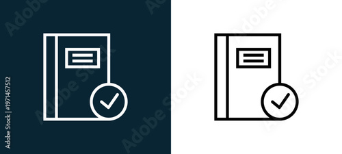Two-color notebook outline icon pair in black and white, editable stroke vector illustration for web, mobile apps, UI design, branding, and print from interaction set