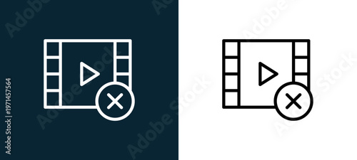 Two-color video player outline icon pair in black and white, editable stroke vector illustration for web, mobile apps, UI design, branding, and print from interaction set
