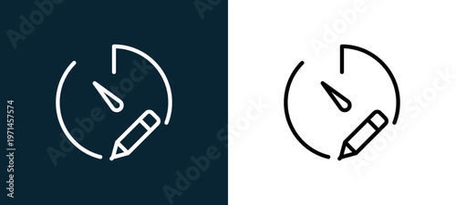 Two-color stopwatch outline icon pair in black and white, editable stroke vector illustration for web, mobile apps, UI design, branding, and print from interaction set