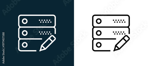 Two-color server outline icon pair in black and white, editable stroke vector illustration for web, mobile apps, UI design, branding, and print from interaction set