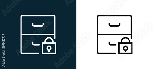 Two-color archive outline icon pair in black and white, editable stroke vector illustration for web, mobile apps, UI design, branding, and print from interaction set