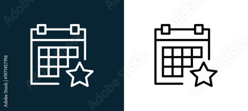 Two-color calendar outline icon pair in black and white, editable stroke vector illustration for web, mobile apps, UI design, branding, and print from interaction set
