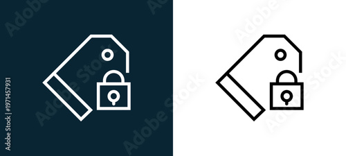 Two-color price tag outline icon pair in black and white, editable stroke vector illustration for web, mobile apps, UI design, branding, and print from interaction set