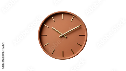 Foto Minimalist terracotta wall clock with golden hands and hour markers, isolated on