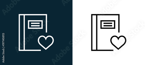 Two-color notebook outline icon pair in black and white, editable stroke vector illustration for web, mobile apps, UI design, branding, and print from interaction set